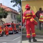 Autospeciale de stingere ale ISU Timiș intervenind de urgență la un incendiu izbucnit într-un bloc de locuințe pe strada Paris din Timișoara.