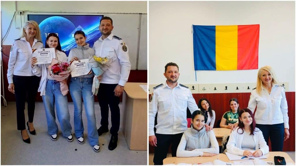 Două eleve de clasa a VII-a de la Liceul Teoretic Periam primind diplome și ghiozdane de la polițiștii IPJ Timiș pentru gestul lor de onestitate.
