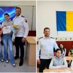 Două eleve de clasa a VII-a de la Liceul Teoretic Periam primind diplome și ghiozdane de la polițiștii IPJ Timiș pentru gestul lor de onestitate.