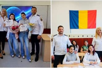 Două eleve de clasa a VII-a de la Liceul Teoretic Periam primind diplome și ghiozdane de la polițiștii IPJ Timiș pentru gestul lor de onestitate.
