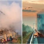 Autospeciale de pompieri intervenind pe banda de urgență a autostrăzii A1 pentru stingerea unui incendiu izbucnit la un autotren.