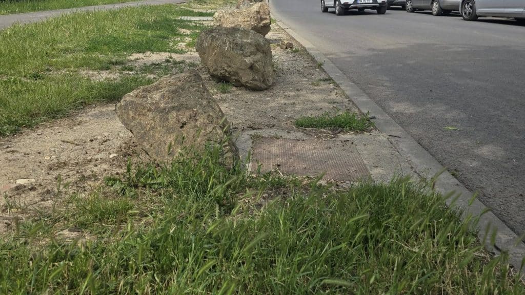„Amenajare peisagistică urbană cu blocuri de piatră și strat de mulci în Timișoara, subiectul disputei dintre primărie și Garda de Mediu.”