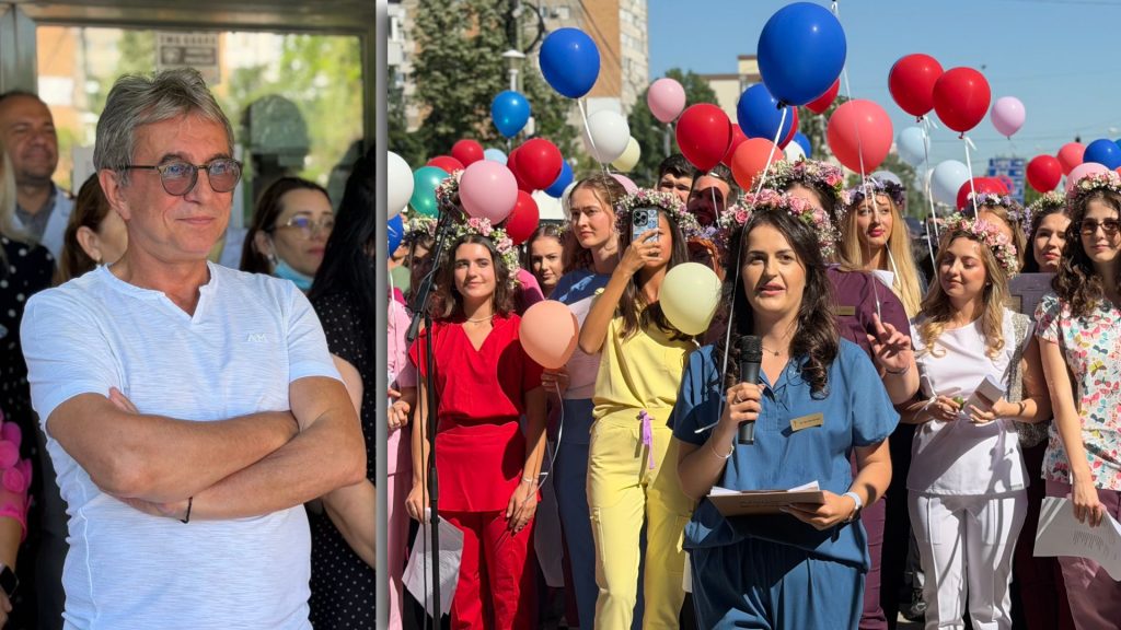 Sute de absolvenți ai Universității de Medicină și Farmacie Victor Babeș în uniforme colorate cântând la serenade în fața spitalului.
