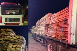 Camion de mare tonaj încărcat cu bușteni oprit pentru control de echipajele de poliție pe marginea drumului național în Timiș.