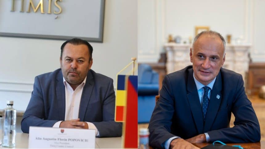 Lideri politici locali susținând declarații în fața jurnaliștilor despre negocierile pentru administrația publică din Timișoara.