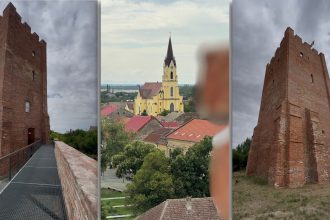 Turnul medieval Cula din Ciacova cu o înălțime de 24 de metri și ziduri groase din cărămidă istorică.