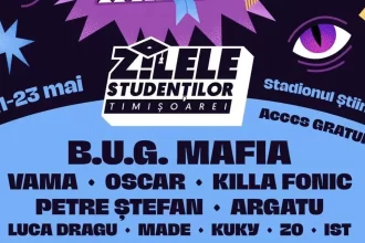Scenă de festival amplasată pe Stadionul Știința din Timișoara, pregătită pentru concertele de la Zilele Studenților.