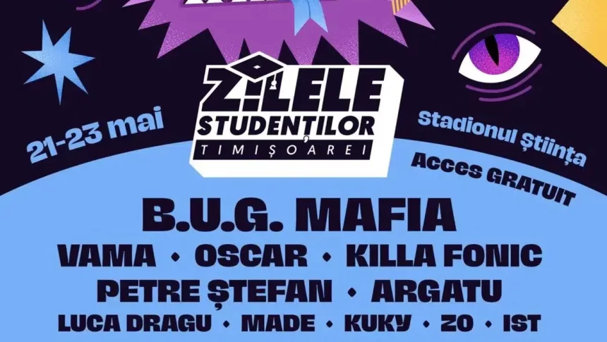 Scenă de festival amplasată pe Stadionul Știința din Timișoara, pregătită pentru concertele de la Zilele Studenților.