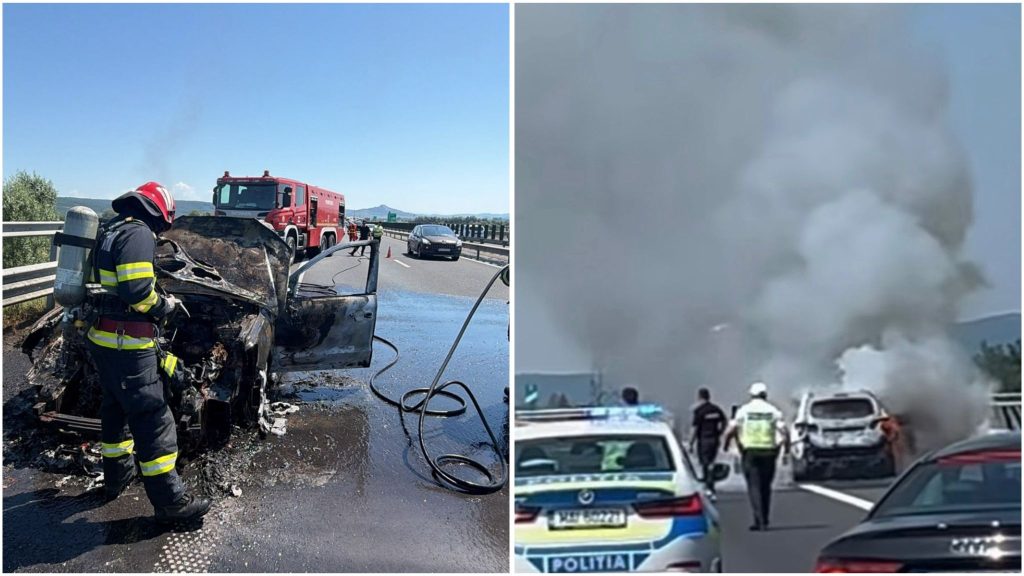 Autoturism cuprins în totalitate de flăcări pe banda de urgență a autostrăzii A1, în zona localității Ilia, generând o coloană groasă de fum negru.