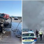 Autoturism cuprins în totalitate de flăcări pe banda de urgență a autostrăzii A1, în zona localității Ilia, generând o coloană groasă de fum negru.