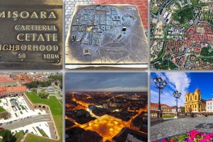 Cartierul Cetate din Timișoara, cu imagini ale centrului istoric, harta vechii cetăți și Piața Unirii