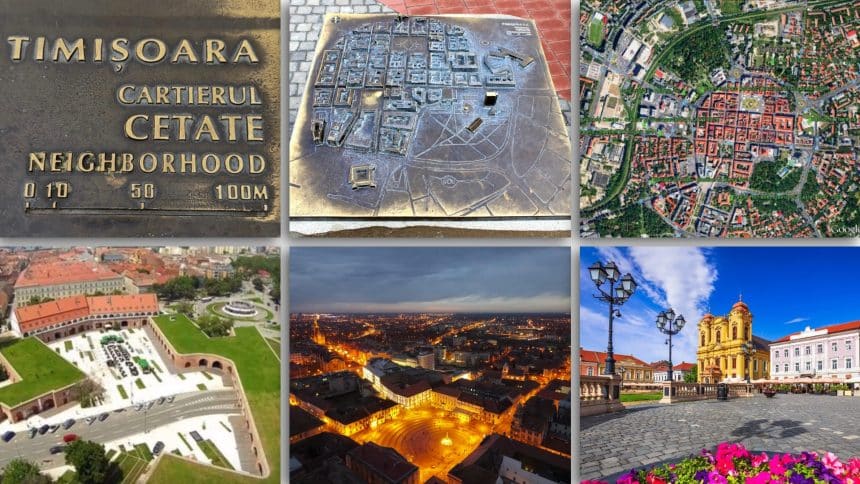 Cartierul Cetate din Timișoara, cu imagini ale centrului istoric, harta vechii cetăți și Piața Unirii