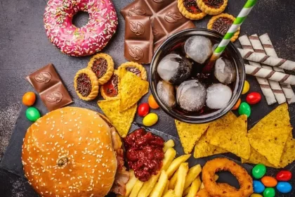 Copil care privește reclame colorate la televizor în timp ce consumă gustări ultraprocesate și băuturi carbogazoase.