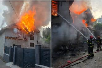 Flăcări mari și degajări masive de fum la mansarda din lemn a unei case de pe strada Constantin Brâncuși în timpul intervenției pompierilor.