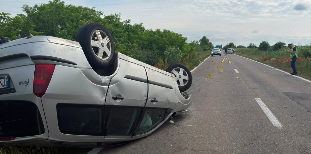 Autoturism răsturnat pe pavilion pe șoseaua DJ 593 la intrarea în localitatea Peciu Nou în urma coliziunii cu un atelaj hipo.