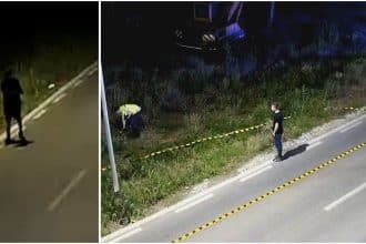 Echipaje de poliție și ambulanță cu semnalele luminoase aprinse pe o stradă întunecată din localitatea Dumbrăvița.