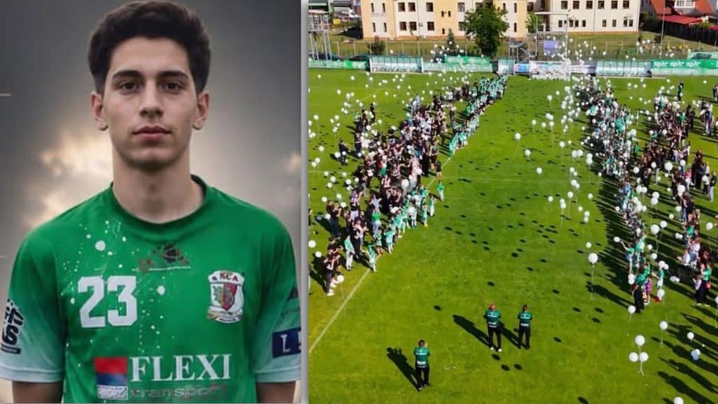 Sute de baloane albe eliberate spre cer de pe gazonul stadionului din Dumbrăvița în memoria tânărului fotbalist Matias Moț.