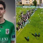 Sute de baloane albe eliberate spre cer de pe gazonul stadionului din Dumbrăvița în memoria tânărului fotbalist Matias Moț.