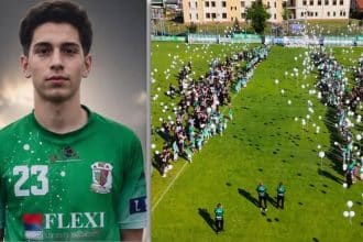 Sute de baloane albe eliberate spre cer de pe gazonul stadionului din Dumbrăvița în memoria tânărului fotbalist Matias Moț.