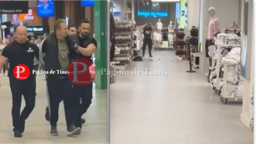 Autospeciale ale Poliției și o ambulanță cu semnalele acustice și luminoase pornite în fața intrării principale a centrului comercial.