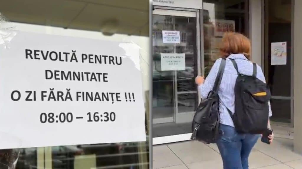 Afiș sindical lipit pe ușa de la intrarea în sediul ANAF Timișoara prin care se anunță suspendarea activității cu publicul.