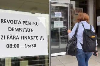 Afiș sindical lipit pe ușa de la intrarea în sediul ANAF Timișoara prin care se anunță suspendarea activității cu publicul.