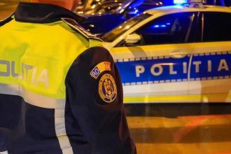Autospecială a Poliției Rutiere Sânnicolau Mare staționată pe marginea drumului județean DJ 594 pentru controale în trafic.