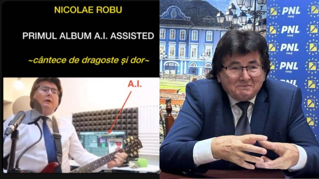 Interfața aplicației Spotify afișând albumul muzical Nicolae Robu asistat de inteligența artificială.