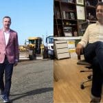 Colaj foto cu președintele Consiliului Județean Timiș Alfred Simonis la costum și viceprimarul Ruben Lațcău în haine de teren pe șantier.