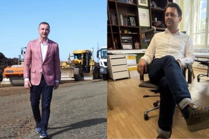 Colaj foto cu președintele Consiliului Județean Timiș Alfred Simonis la costum și viceprimarul Ruben Lațcău în haine de teren pe șantier.