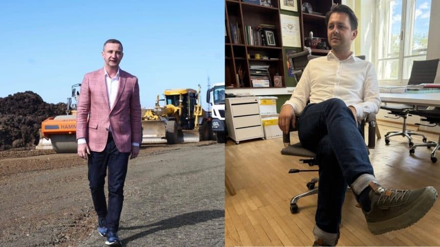 Colaj foto cu președintele Consiliului Județean Timiș Alfred Simonis la costum și viceprimarul Ruben Lațcău în haine de teren pe șantier.