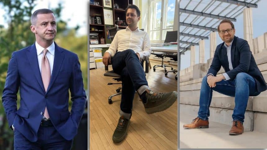 Colaj foto cu primarul Dominic Fritz și președintele CJ Timiș, Alfred Simonis, ilustrând contrastul dintre stilurile vestimentare adoptate.