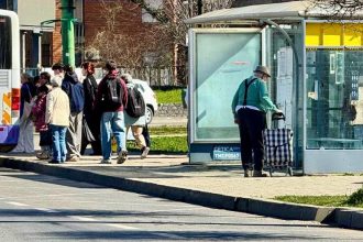 Panou cu programul de circulație STPT și alertă de trafic privind modificarea temporară a stațiilor de îmbarcare.
