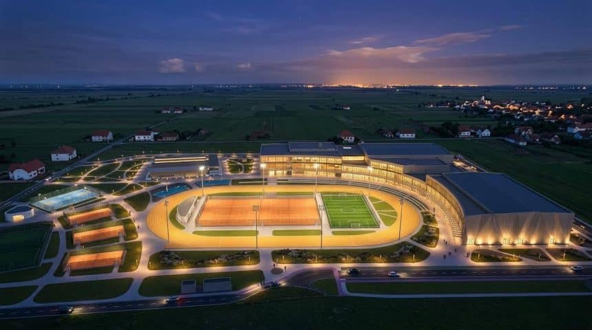 Randare 3D a viitorului complex multifuncțional de 9 hectare Timiș 4 All, cu săli de sport, piste de atletism și spații verzi.