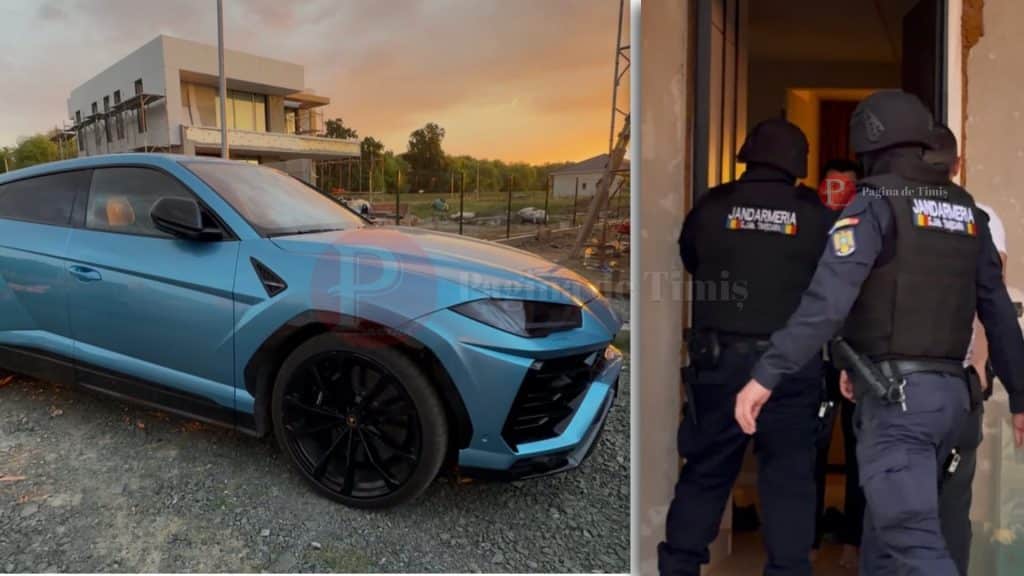 Trupele speciale de jandarmi și mascați efectuând percheziții la locuința de lux a unui dezvoltator imobiliar din județul Timiș.
