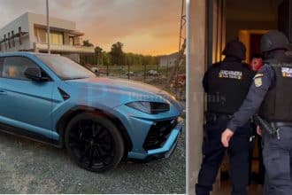 Trupele speciale de jandarmi și mascați efectuând percheziții la locuința de lux a unui dezvoltator imobiliar din județul Timiș.