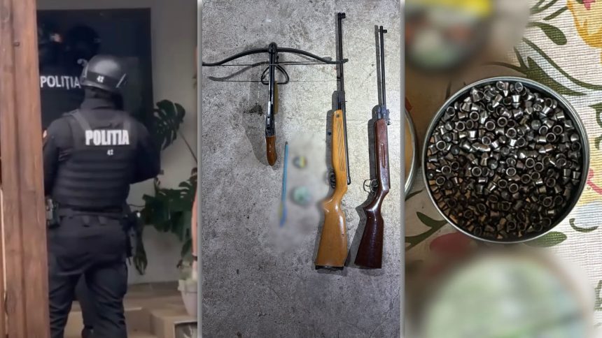 Arme, muniție și o arbaletă descoperite de polițiști în urma unor percheziții din Timiș