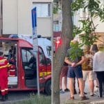 Autospeciale de stingere ale ISU Timiș și ambulanțe SMURD intervenind pe strada Versului din Timișoara în urma unei explozii la parterul unui bloc.
