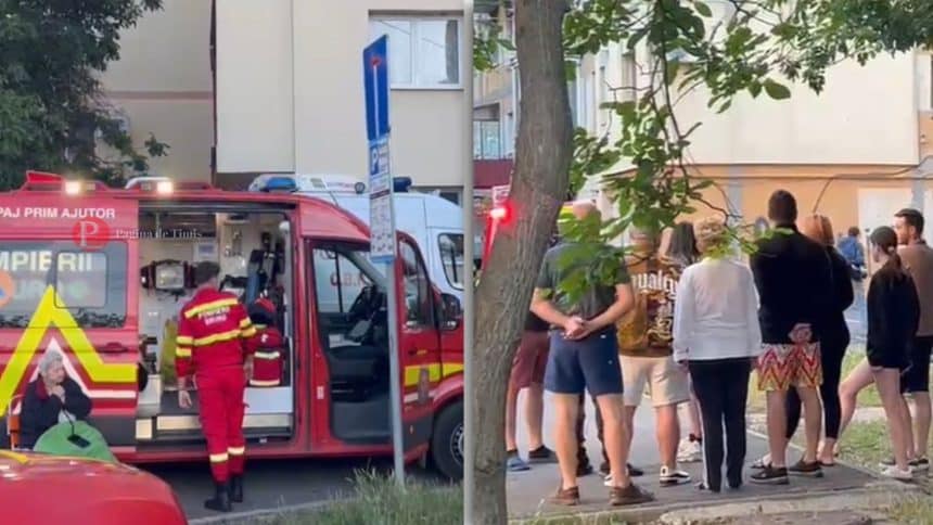 Autospeciale de stingere ale ISU Timiș și ambulanțe SMURD intervenind pe strada Versului din Timișoara în urma unei explozii la parterul unui bloc.