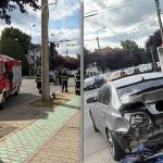 Două autoturisme marca BMW avariate pe strada Cluj din Timișoara, în urma unei coliziuni provocate de neacordarea de prioritate la virajul la stânga.
