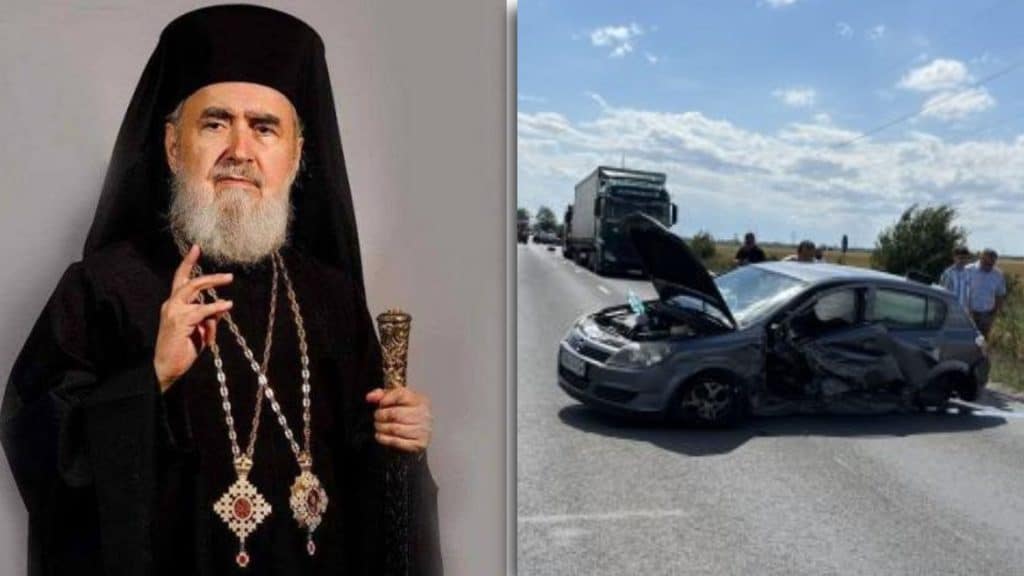 Autospeciale de poliție și ambulanțe intervenind pe drumul județean DJ 709 între Arad și Horia, unde trei mașini s-au ciocnit violent pe contrasens.