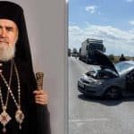 Autospeciale de poliție și ambulanțe intervenind pe drumul județean DJ 709 între Arad și Horia, unde trei mașini s-au ciocnit violent pe contrasens.