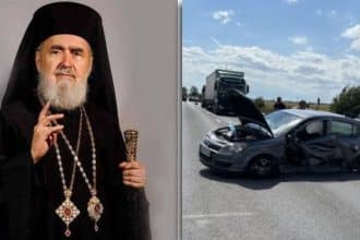 Autospeciale de poliție și ambulanțe intervenind pe drumul județean DJ 709 între Arad și Horia, unde trei mașini s-au ciocnit violent pe contrasens.