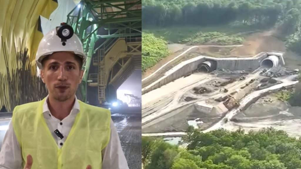 Interiorul unuia dintre tunelurile forate pentru urși de pe lotul Margina - Holdea al Autostrăzii A1, în faza de excavație și căptușire cu beton.