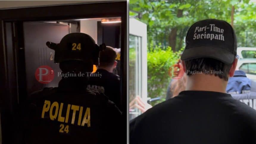 Telefoane mobile și un laptop ridicate de polițiști pentru expertiză informatică în urma descinderilor din Săcălaz și Timișoara.
