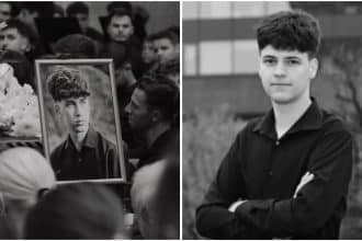 Sute de locuitori din Dumbrăvița și Timișoara participând la „Marșul Vieții”, ținând în mâini candele și flori în memoria adolescenților Matias și Dragoș.