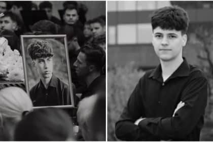 Sute de locuitori din Dumbrăvița și Timișoara participând la „Marșul Vieții”, ținând în mâini candele și flori în memoria adolescenților Matias și Dragoș.