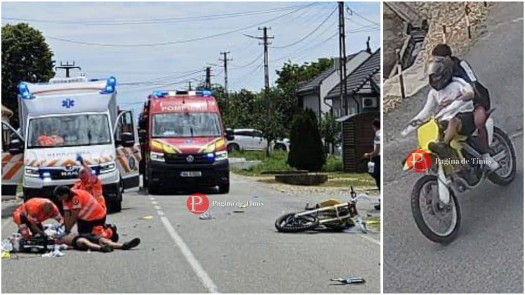 Epava unei motociclete de tip motocross și un autoturism proiectat în șanțul lateral în urma impactului fatal de la intrarea în Jabăr.