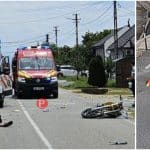 Epava unei motociclete de tip motocross și un autoturism proiectat în șanțul lateral în urma impactului fatal de la intrarea în Jabăr.