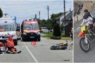 Epava unei motociclete de tip motocross și un autoturism proiectat în șanțul lateral în urma impactului fatal de la intrarea în Jabăr.